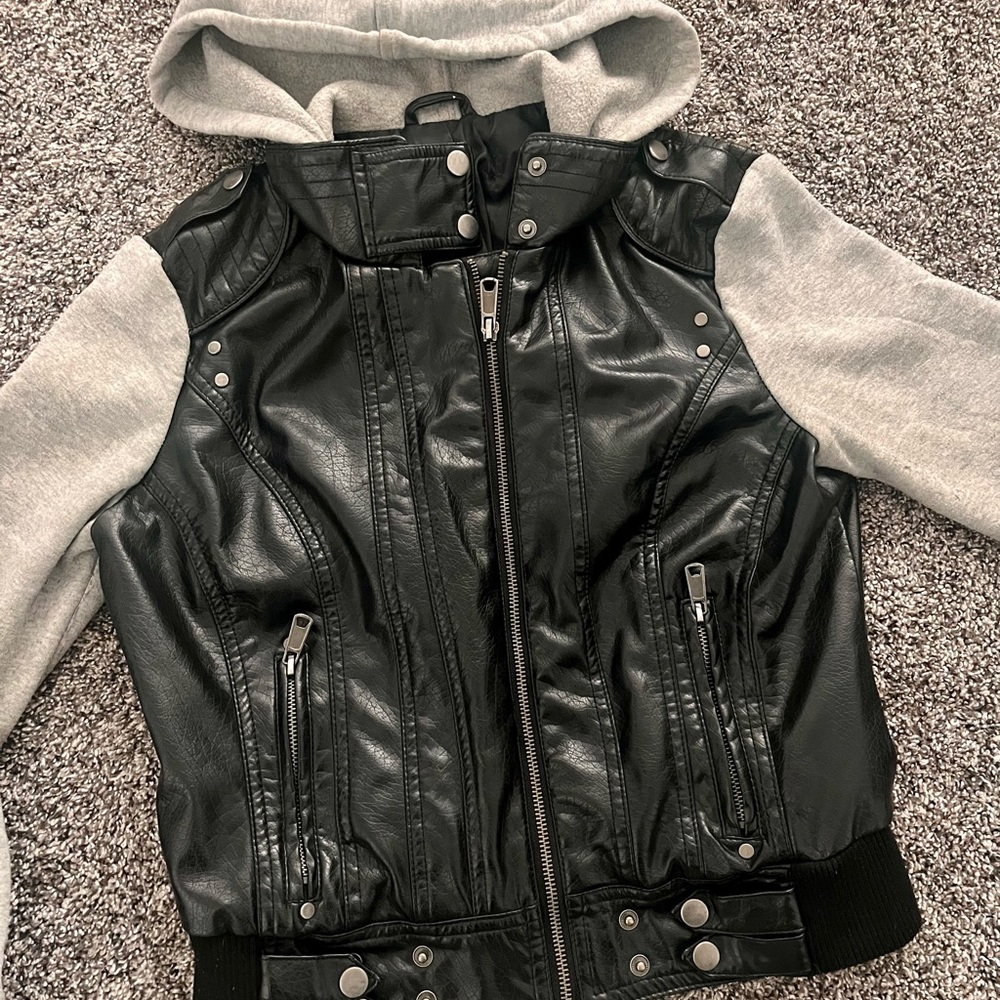 Black and Gray Hooded Leather Jacket